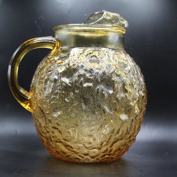 Vintage Crinkled Amber Large Glass Round Pitcher with Spout w/4 matching glasses - Picture 6 of 12
